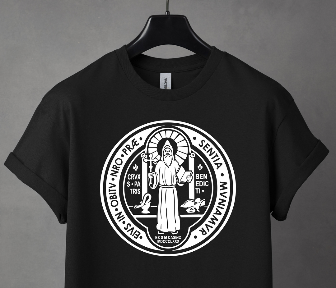 Benedict St. Medal, Black T-shirt
